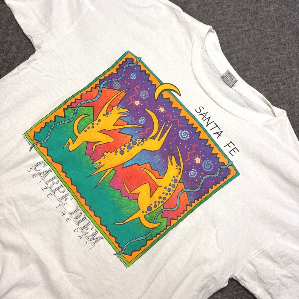Fabric Art Carpe Diem Santa Fe T-Shirt Mens XL White Vintage Graphic Tee
